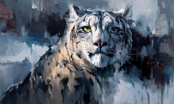 Snow Leopard Piercing Green Eyes Misty Mountain Wild Cat Poster