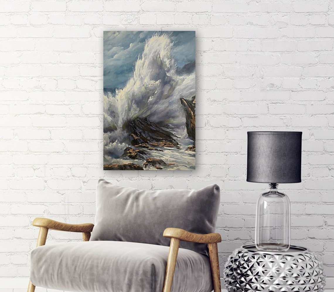 Massive Ocean Wave Crashing On Dark Rocks Towering Spray Poster - Image 2
