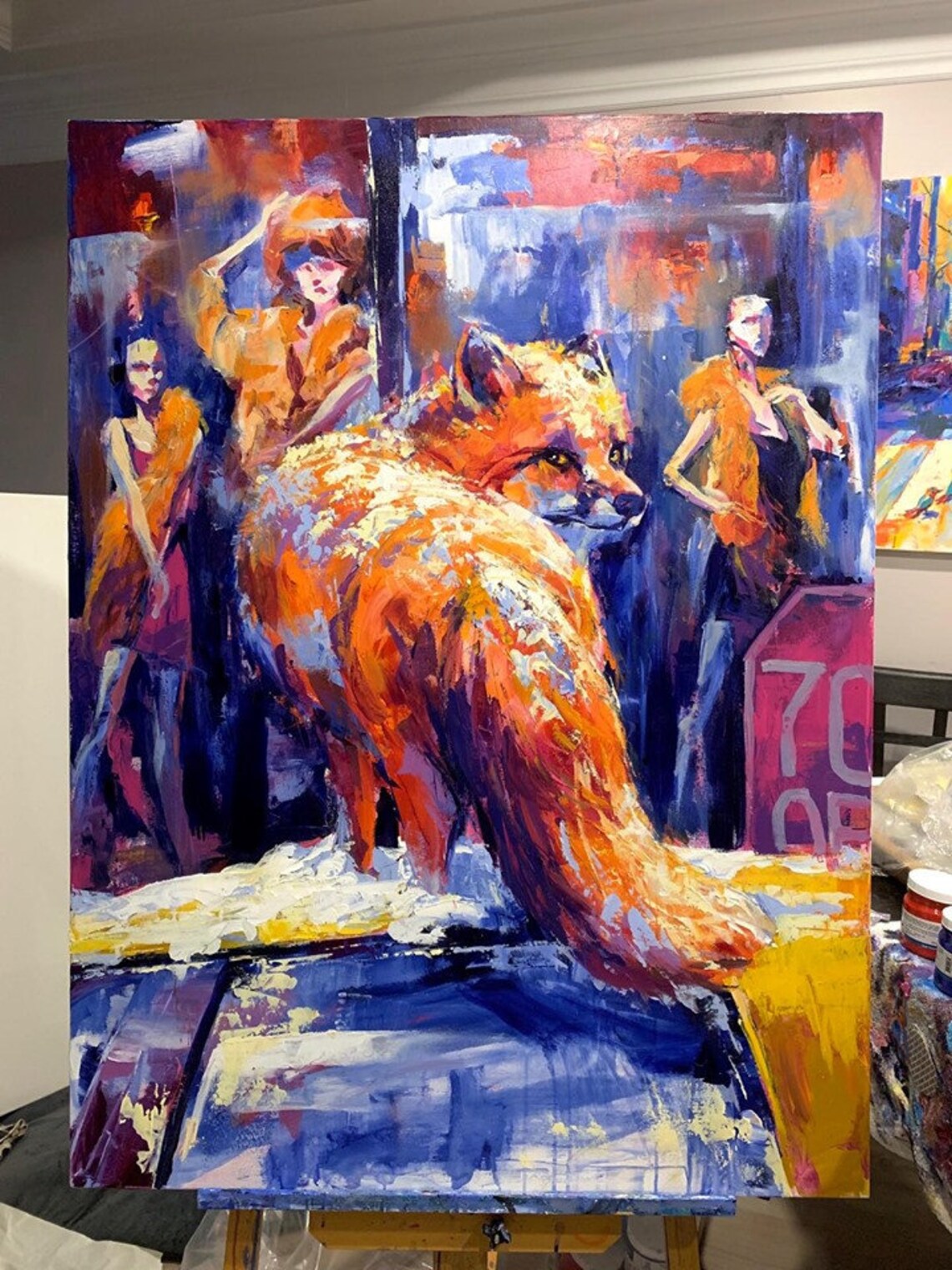 Surreal Fox Among Fashion Mannequins Oil Painting Urban Poster