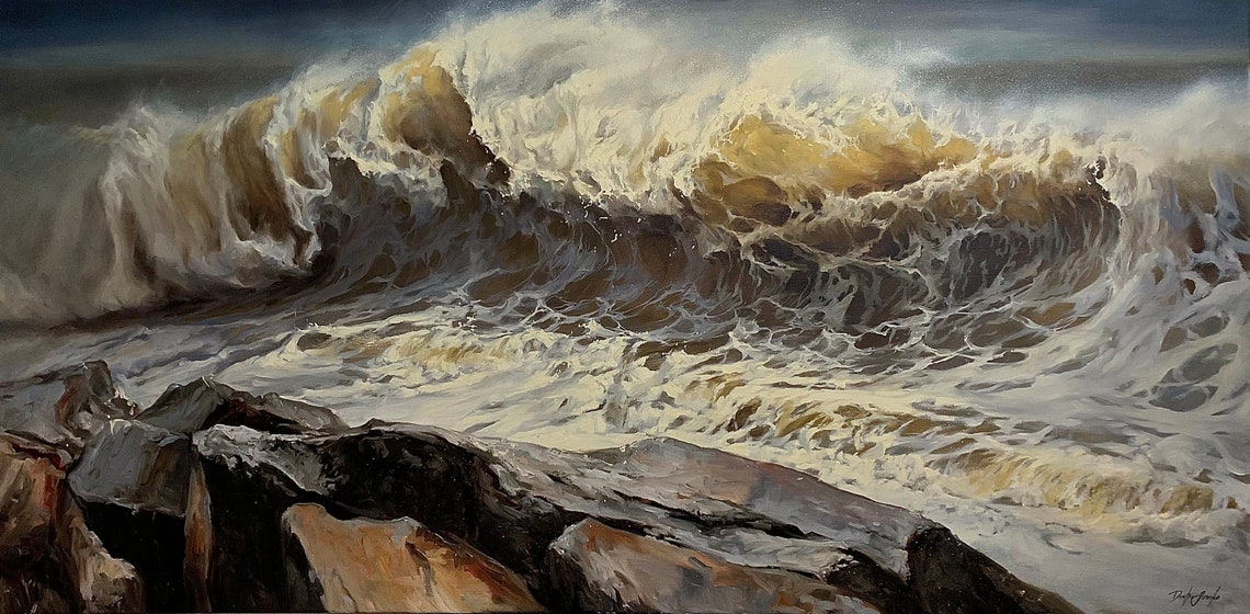 Massive Golden Wave Crashing on Dark Rocks Seascape Painting Poster