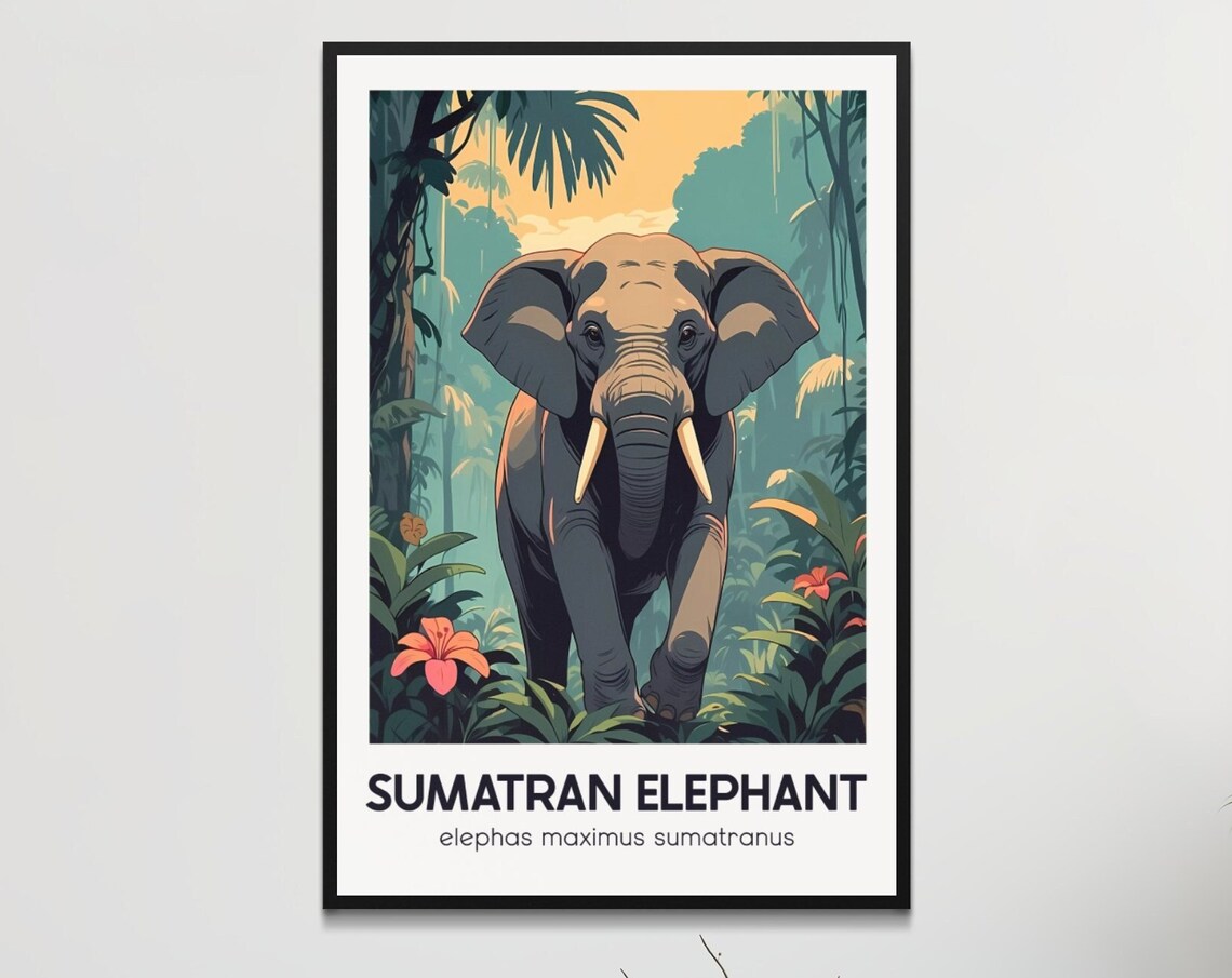 Sumatran Elephant Retro Poster Vintage Style Jungle Wildlife Wall Art Endangered Species Decor Home Office