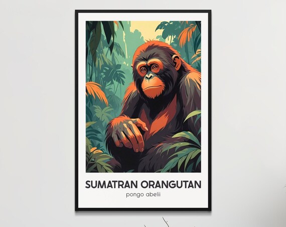 Vintage Sumatran Orangutan Poster Retro Wildlife Wall Art Endangered Species Decor Jungle Animal Illustration Tropical Home