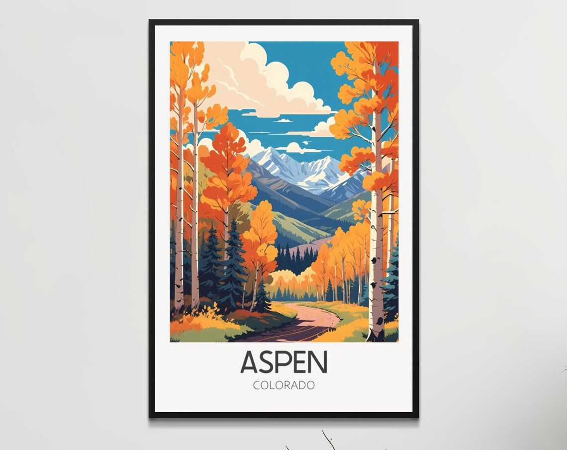 Aspen Colorado Autumn Road Birch Trees Mountain Retro Travel Poster