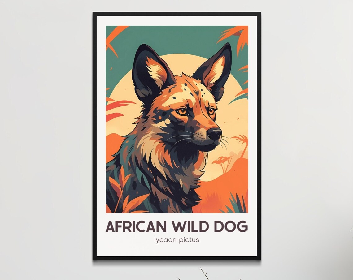 African Wild Dog at Sunset Retro Wildlife Illustration Poster