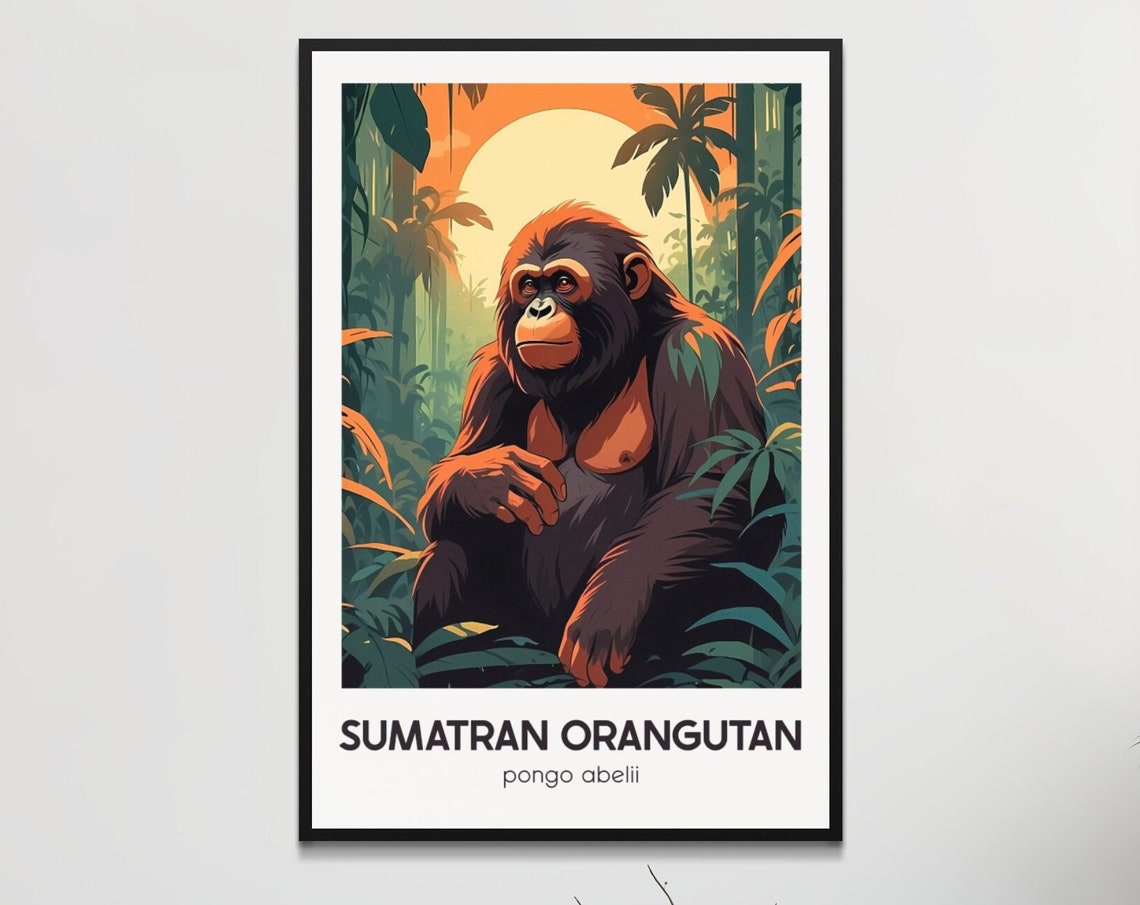 Sumatran Orangutan Sitting in Jungle Sunset Retro Wildlife Poster