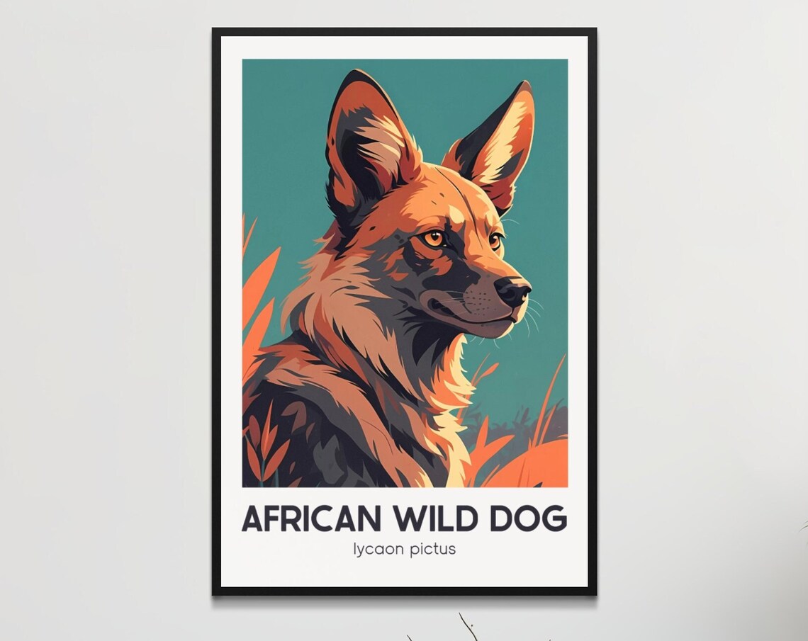 African Wild Dog Profile Portrait Retro Orange Wildlife Poster