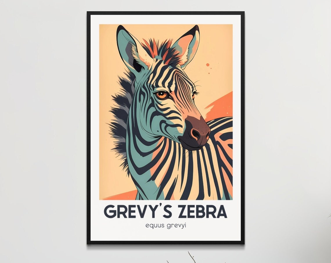 Grevy's Zebra Portrait Retro Safari Wildlife Illustration Poster