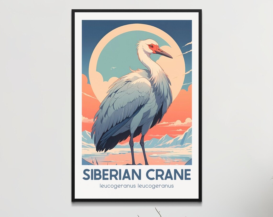 Siberian Crane at Sunset Wetlands Vintage Wildlife Art Poster