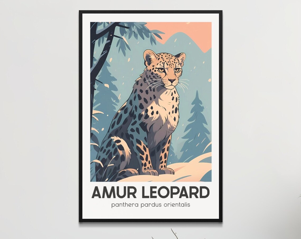 Endangered Amur Leopard Vintage Style Poster Retro Wall Art Animal Conservation Decor