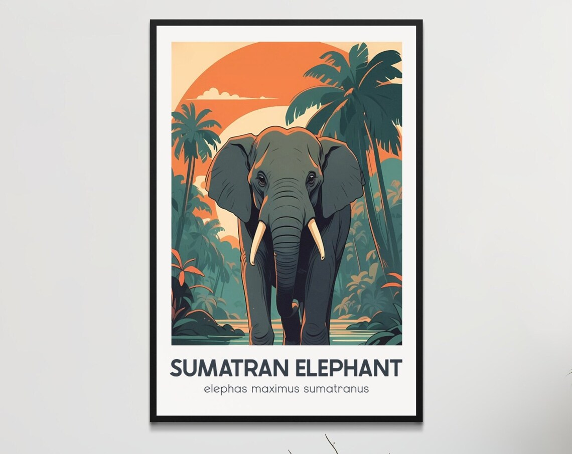 Vintage Sumatran Elephant Poster Retro Style Wall Art Tropical Jungle Decor Endangered Species Illustration Home