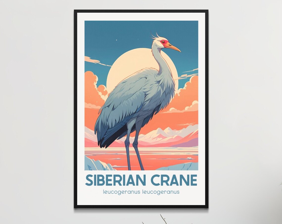 Siberian Crane Arctic Sunrise Endangered Bird Wildlife Art Poster
