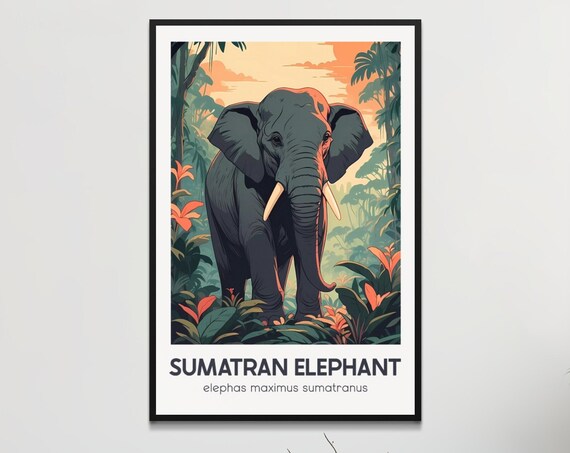 Retro Sumatran Elephant Poster Endangered Species Wall Art Vintage Jungle Illustration Home Decor