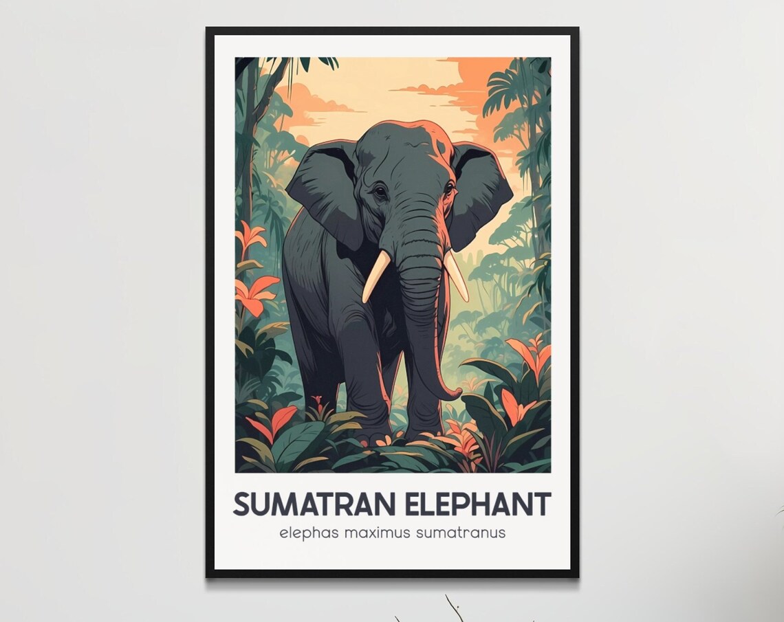 Retro Sumatran Elephant Poster Endangered Species Wall Art Vintage Jungle Illustration Home Decor