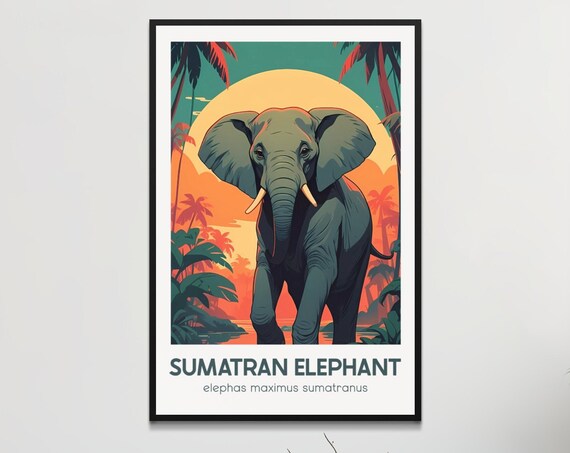 Retro Sumatran Elephant Poster Vintage Endangered Species Wall Art Tropical Jungle Decor Asian Gift