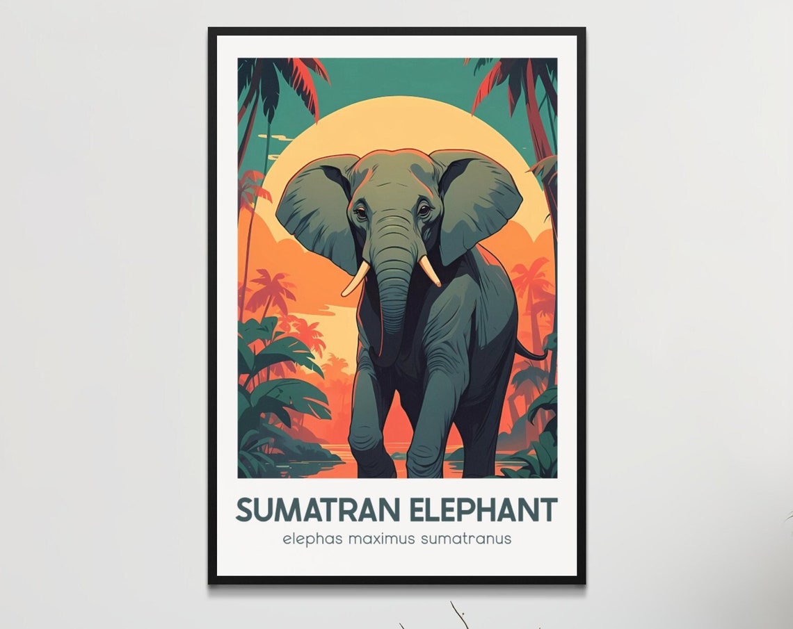 Sumatran Elephant at Tropical Sunset Vintage Wildlife Poster