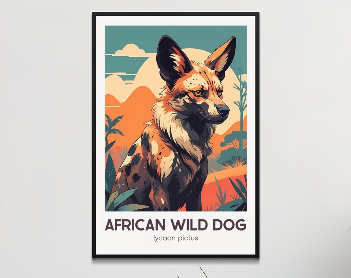 African Wild Dog Retro Poster, Vintage Style Animal Art