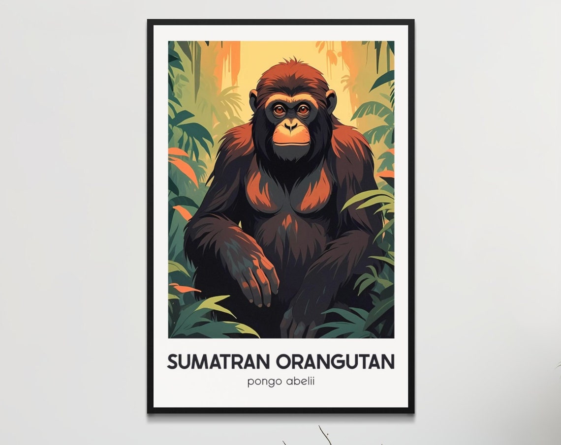 Sumatran Orangutan Vintage Jungle Illustration Wildlife Poster