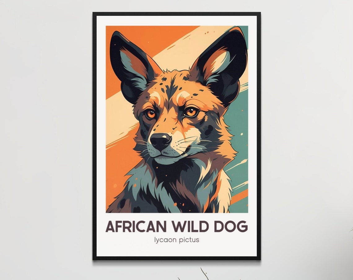 African Wild Dog Front Portrait Retro Orange Safari Sunset Poster