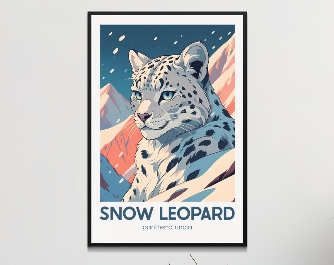 Snow Leopard In Mountains Retro Endangered Species Art Poster