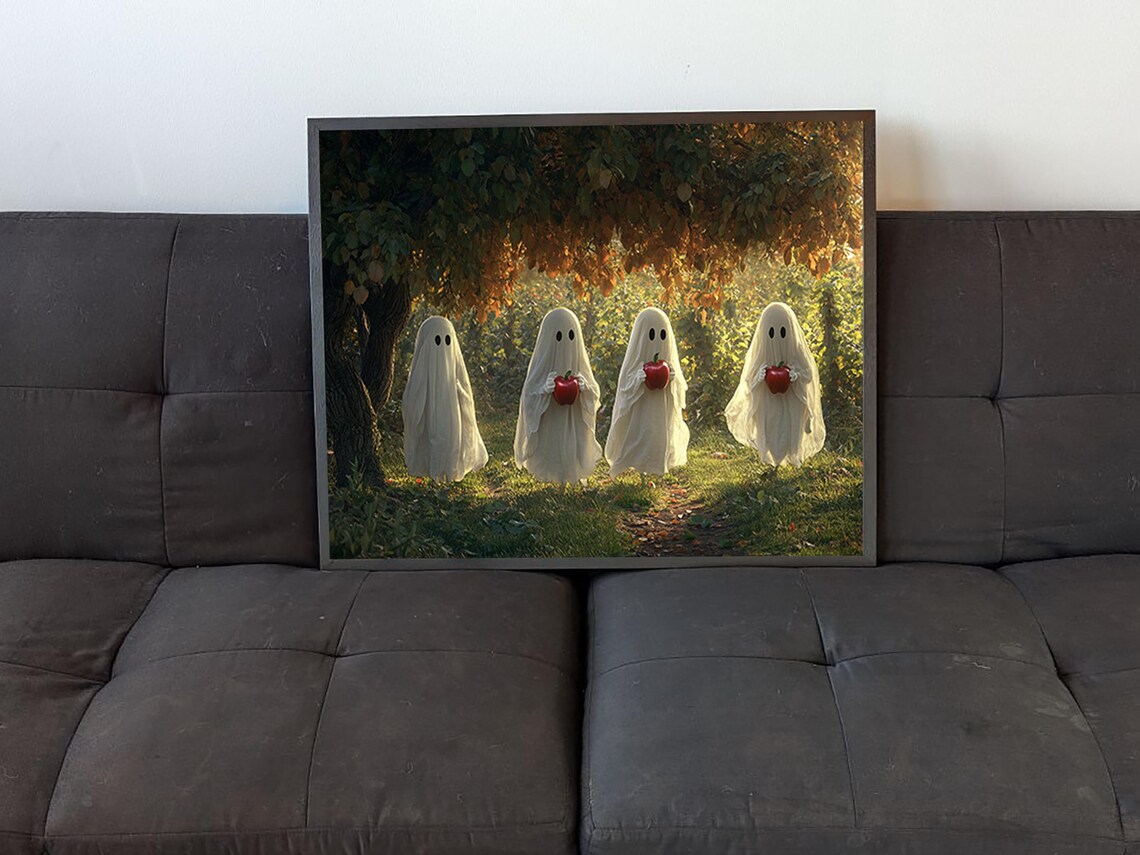 Cute Ghosts Holding Apples In Orchard - Halloween Art - Image 4