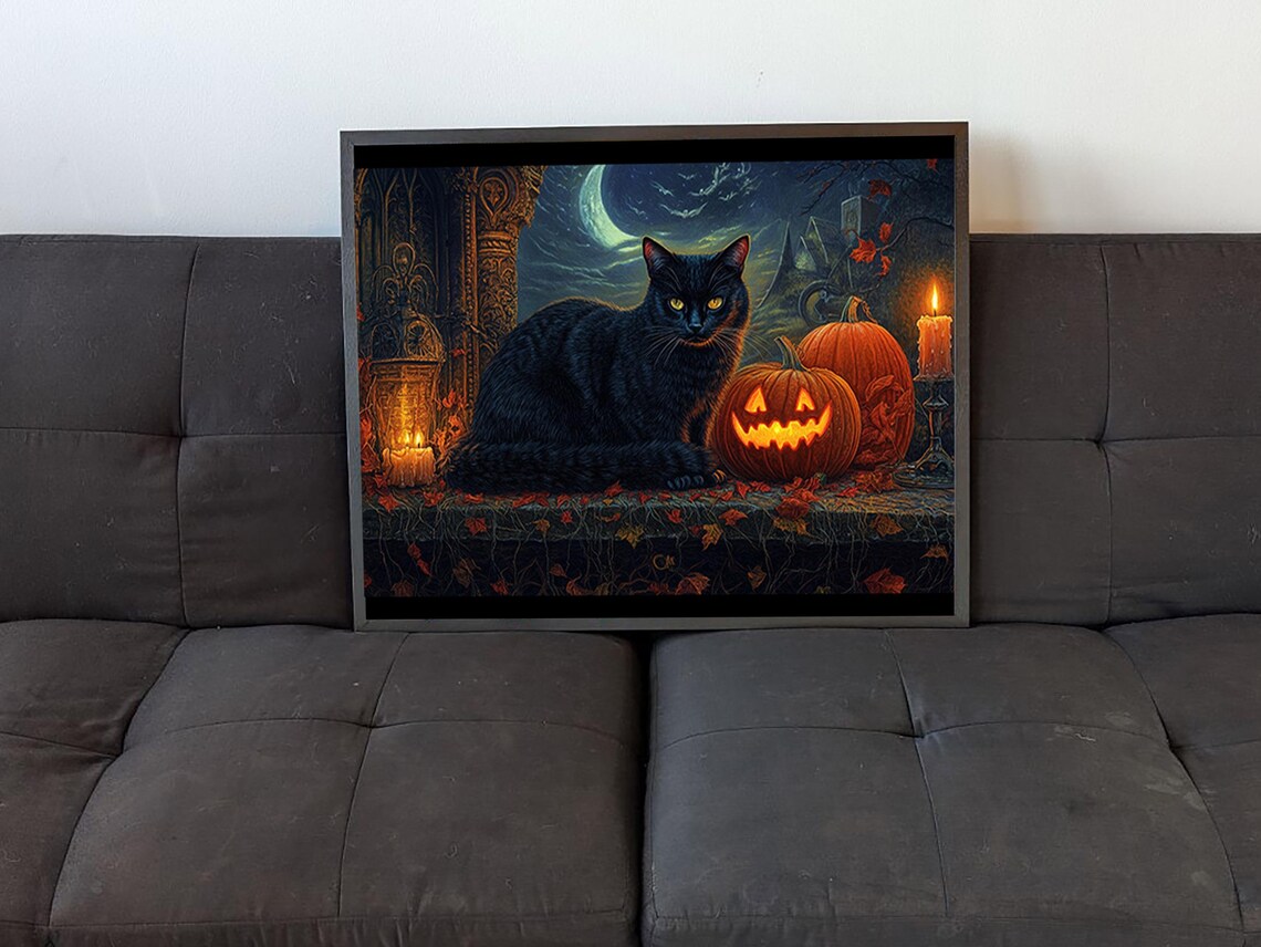 Moonlit Watcher Black Cat Halloween Art Print - Image 4
