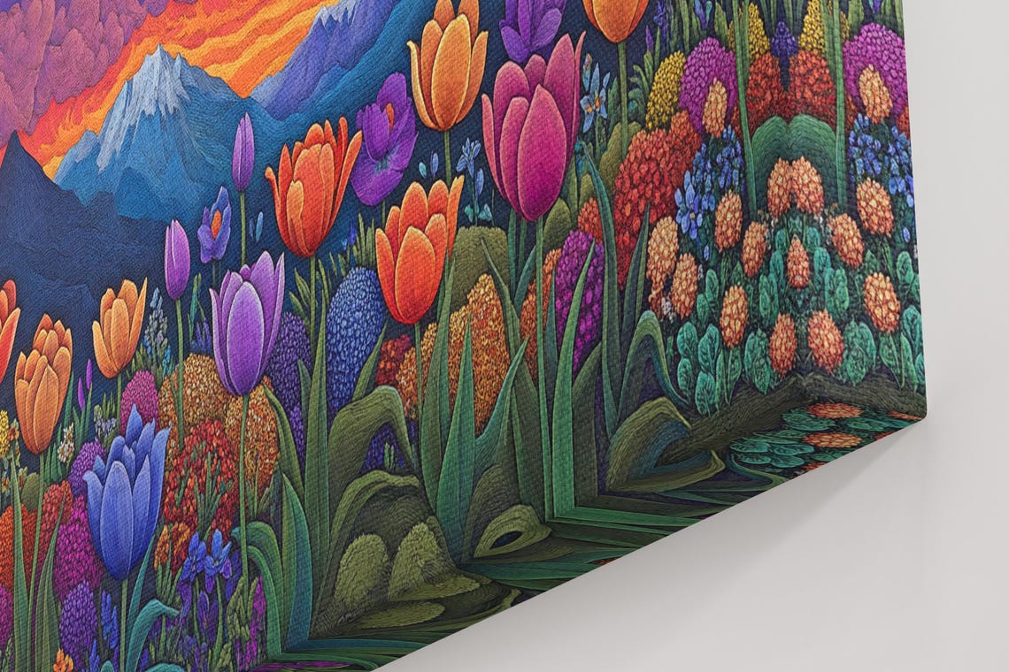 Tulip Symphony Colorful Mountain Sunset Flower Field Art Poster - Image 4