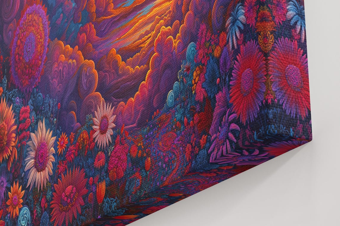 Psychedelic Sunset Wildflowers Big Moon Swirling Sky Floral Art Poster - Image 4
