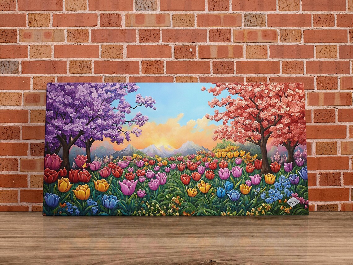 Tulip Field Blossom Trees Sunset Mountain Spring Floral Landscape Poster