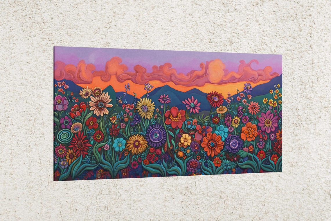Wildflower Sunset Field Swirling Orange Sky Mountain Floral Art Poster - Image 2
