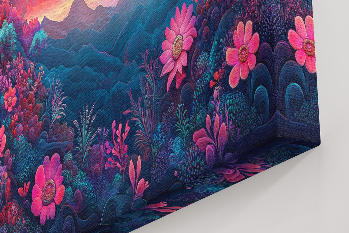 Pink Twilight Blooms Fantasy Valley Mountain Landscape Art Poster - Image 4