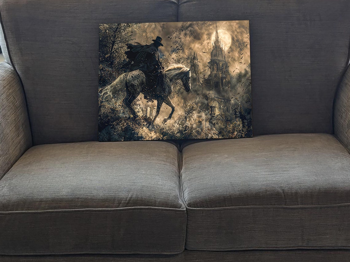 Dark Horseman White Horse Gothic Castle Full Moon Halloween Art Poster - Image 5