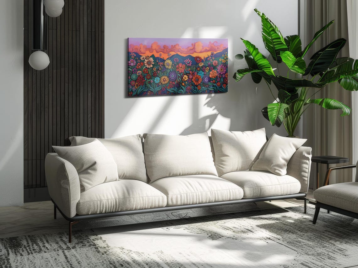 Wildflower Sunset Field Swirling Orange Sky Mountain Floral Art Poster - Image 3