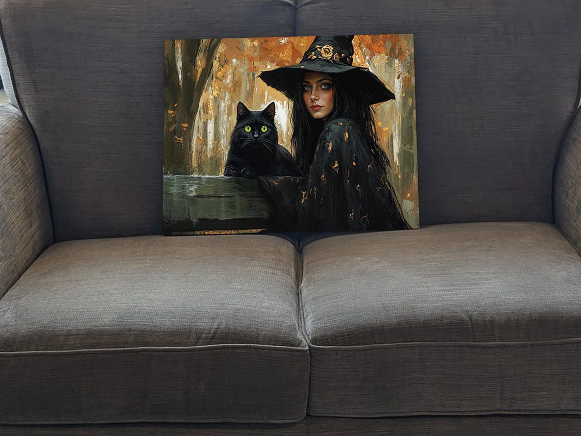 Dark Witch Black Hat Green Eyed Black Cat Autumn Forest Art Poster - Image 5