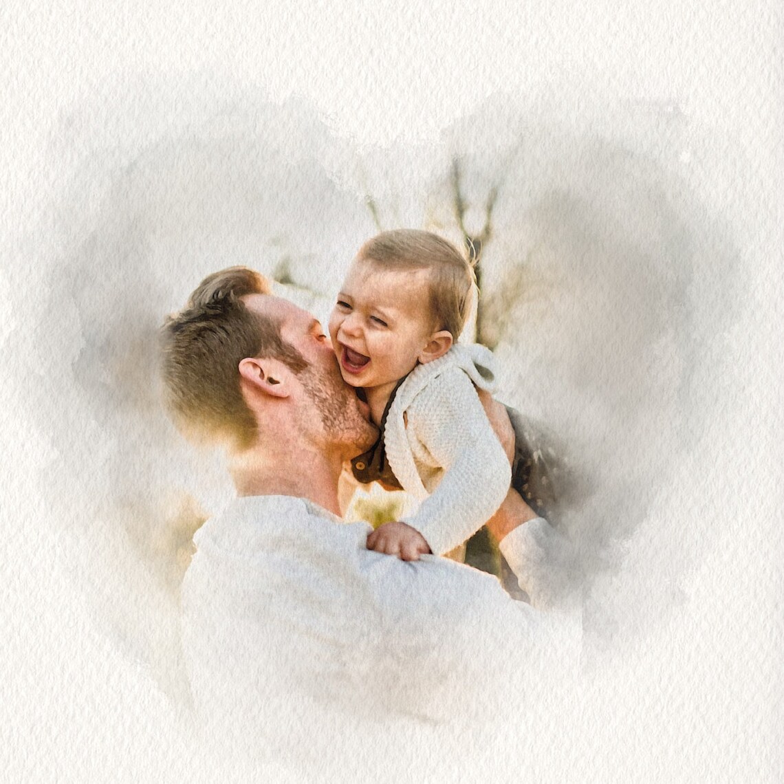 Father Kissing Laughing Baby Watercolor Portrait Custom Gift Poster
