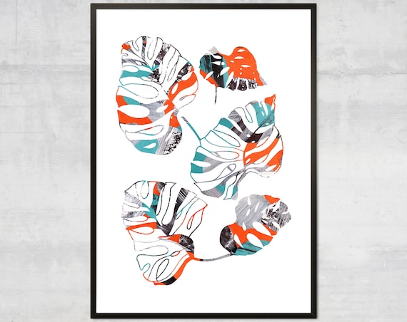 Colorful Monstera Leaves Coral Teal Modern Abstract Botany Poster