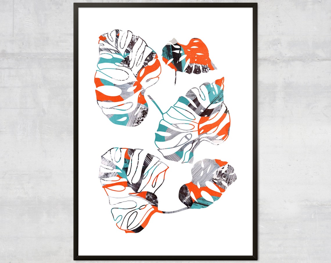 Colorful Monstera Leaves Coral Teal Modern Abstract Botany Poster