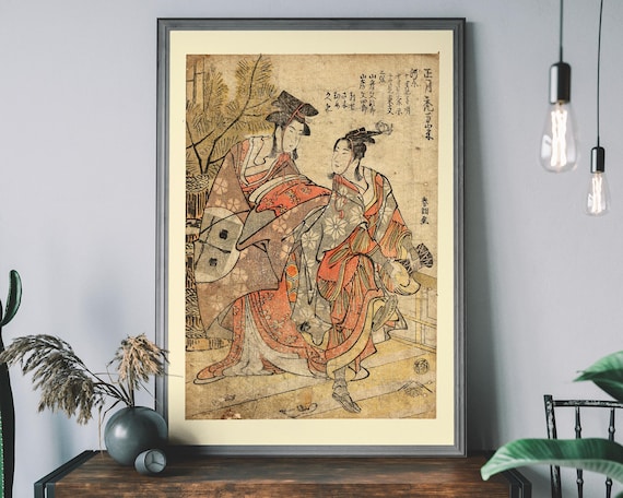 Classic Japanese Ukiyo-e Woodblock Two Women in Kimono Art Poster
