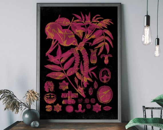 Vintage Flowers Chart Dark Plant Diagram Botanical Wall Decor Floral Pattern Print