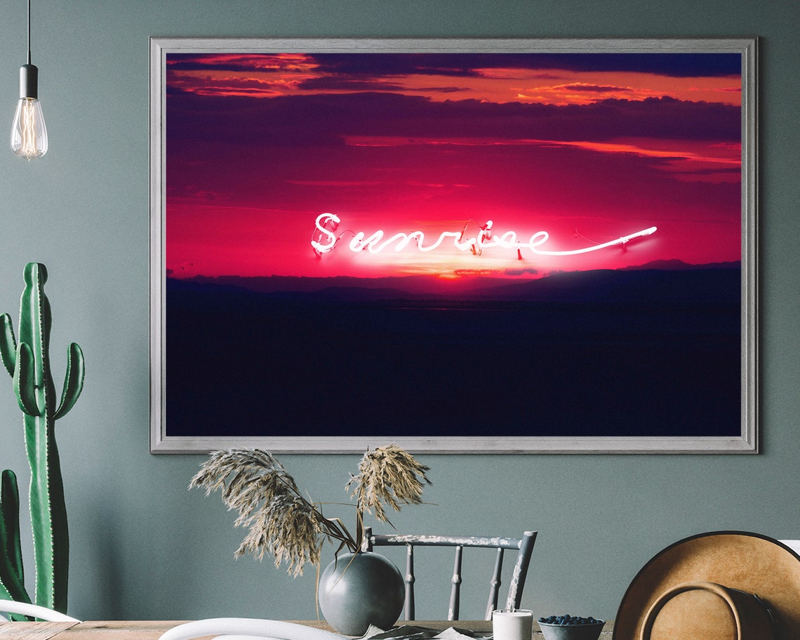 Neon Sunrise Script Glowing Red Sunset Seascape Typography Wall Art