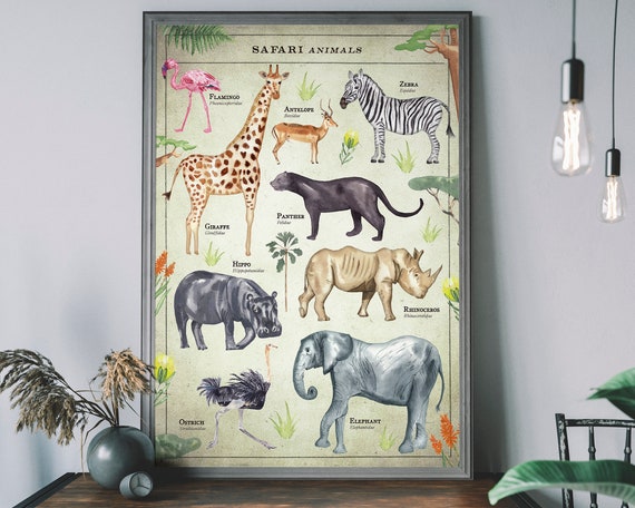 Kids Safari Prints Nursery Decor Educational Animal Wall Chart Playroom Poster