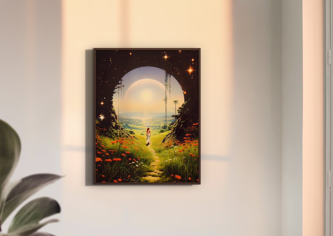 Woman Walking Flower Meadow Toward Giant Glowing Planet Portal Poster - Image 2