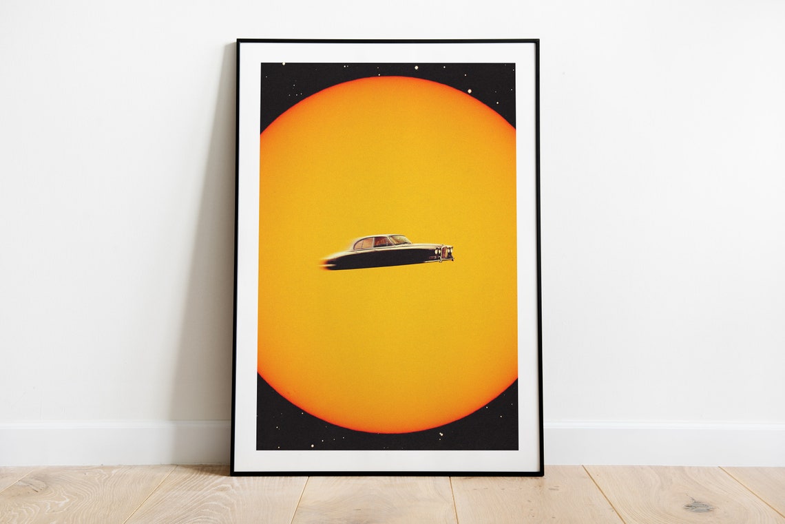 Space Chase Classic Car Flying Across Giant Sun Retro Collage Wall Art