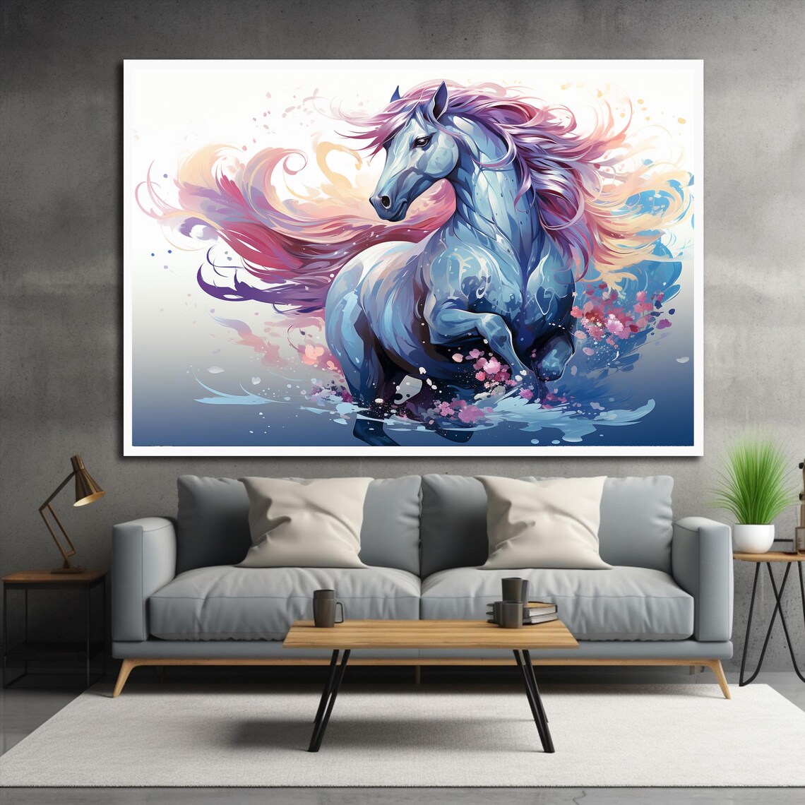 Dreamy Blue Pink Fantasy Horse Watercolor Splash Magic Wall Art - Image 2