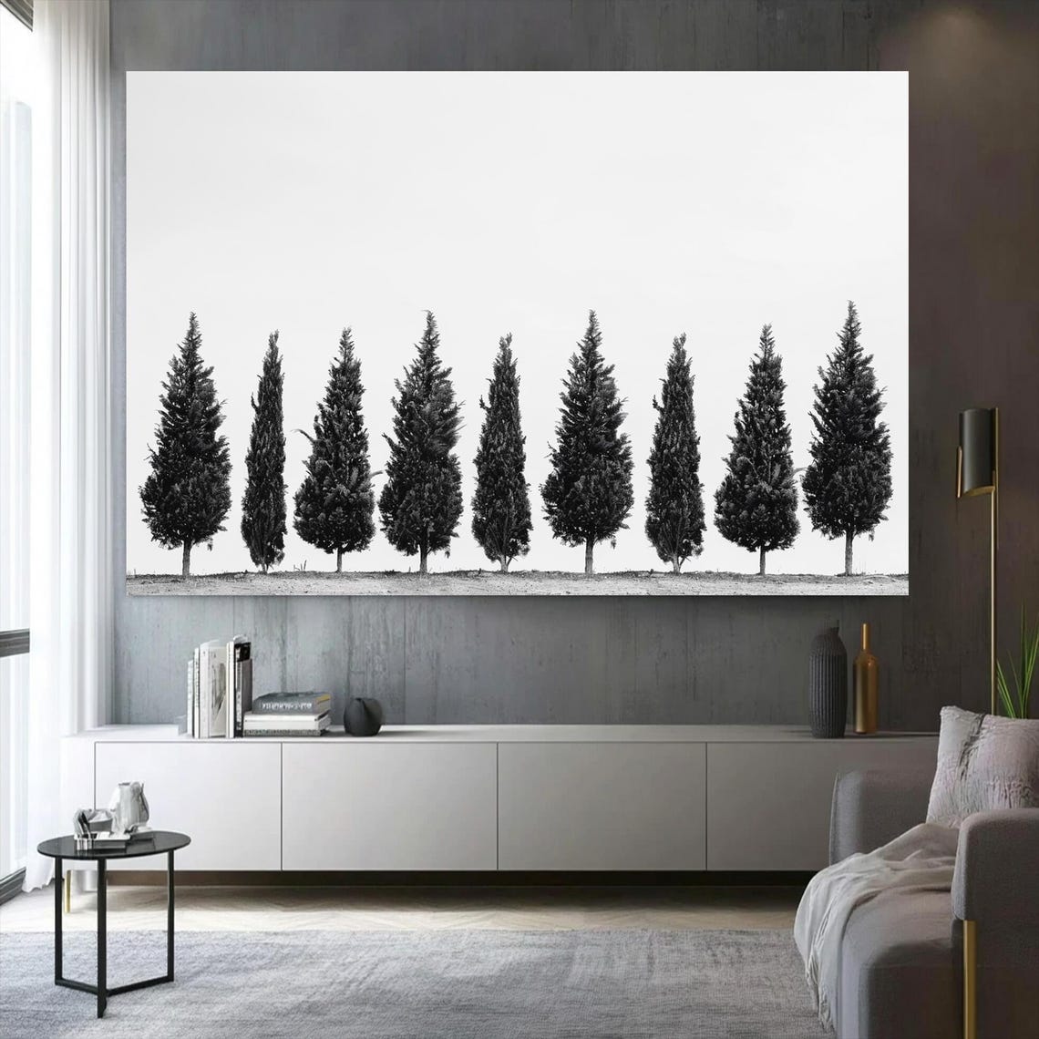 Black and White Juniper Tree Row Minimalist Nature Scene Poster - Image 3