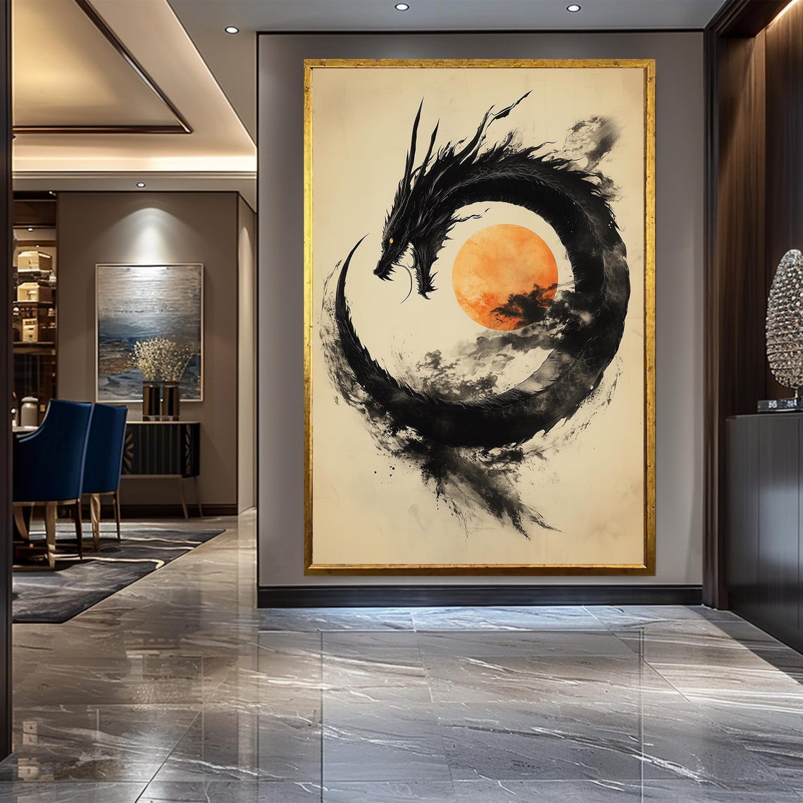 Black Ink Dragon Circling Orange Sun Sumi-e Asian Brush Art Poster - Image 2