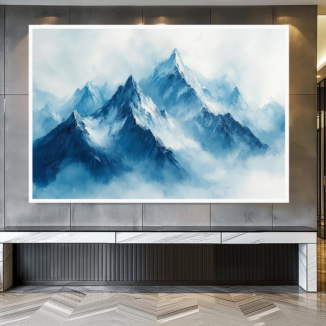 Blue Misty Mountain Peaks Watercolor Abstract Landscape Poster - Image 2