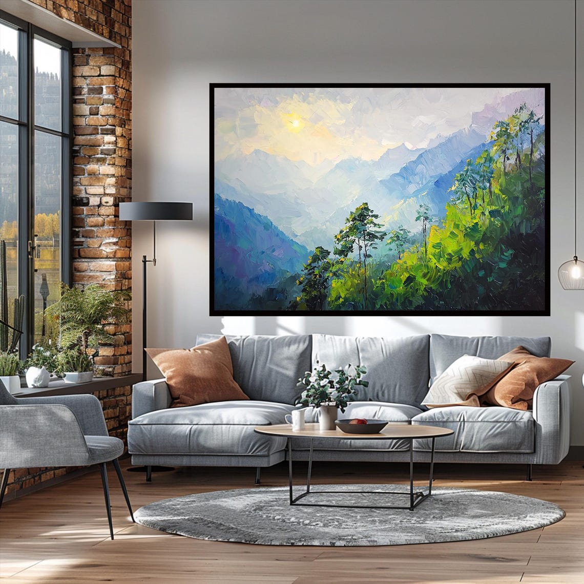 Misty Blue Mountains Green Forest Hills Impressionist Poster - Image 2
