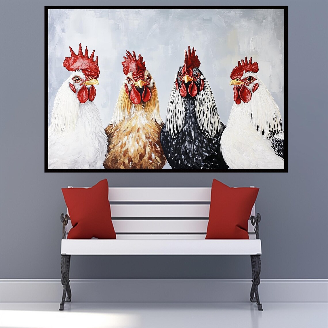 Four Colorful Roosters Farmhouse Animal Portrait Painting Print - Image 2