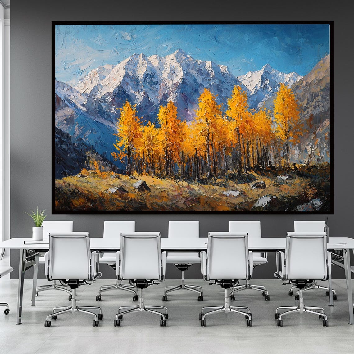 Golden Autumn Trees Standing Before Snow Capped Mountain Peaks Poster - Image 2