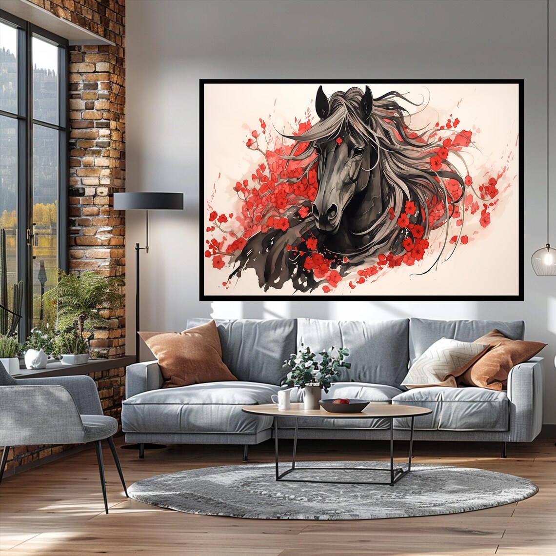 Black Horse Flowing Mane Red Flowers Ink Portrait Elegant Wall Art - Image 2
